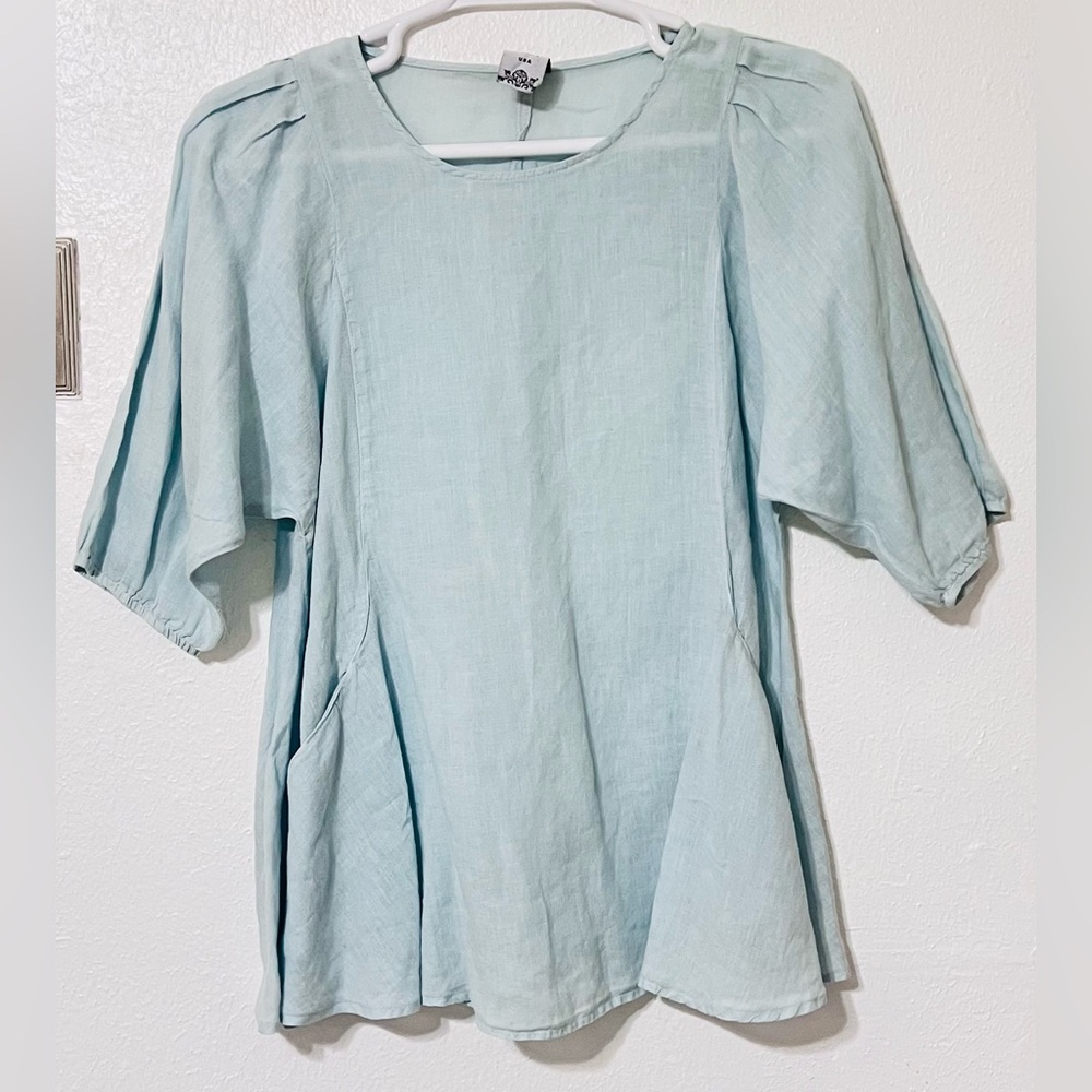 Match Point USA Linen Ballon Sleeves Front Pockets Boxy Blouse with Relaxed Fit